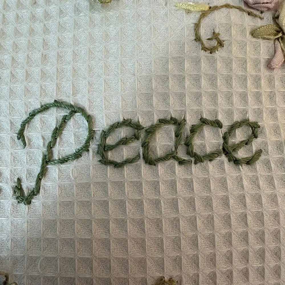 Peace Accent Embroidered Pillow Floral Inspirational Cottage Grannycore Ruffles‎